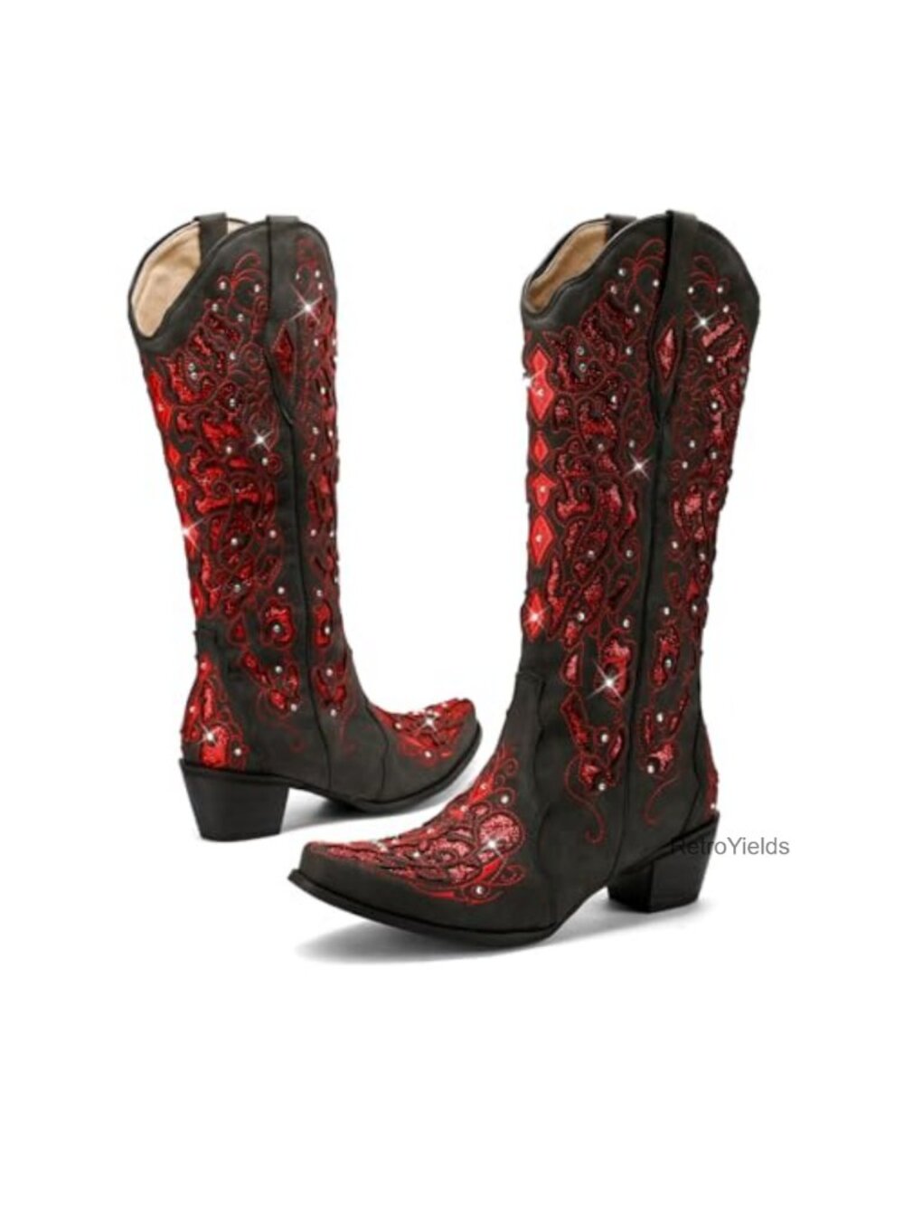 Mid Calf Western Cowboy Boots Chunky Heel Rhinestone Glitter Snip Toe Women